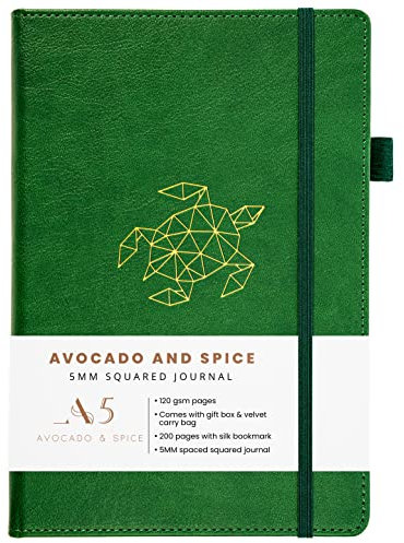 Avocado & Spice Kladde A5 Kariert – Schreibblock Kariert A5 als Tagesplaner usw. – Notizbuch A5 kariert mit Geschenkbox, Lesezeichen, elastischem Band & Stifthalter, 200 Seiten, (Grün, Kariert)