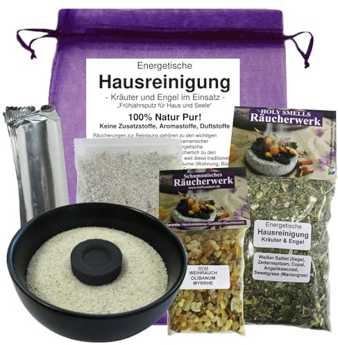 Energetische HAUSREINIGUNG 6-tlg RÄUCHER-SET Kräuter und Engel zum RÄUCHERN für Haus + Wohnung mit Weihrauch + Myrrhe + Salbei + Sweetgrass + Angelika + RÄUCHERSCHALE + ZUBEHÖR 81043-SWOM