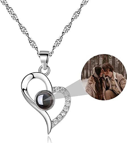 Grancey 925 Sterling Silver Personalised Photo Projection Necklace I Love You Necklace 100 Languages Heart Pendant Memory of Love in Rose Gold Jewelry for Mother Girlfriend Family