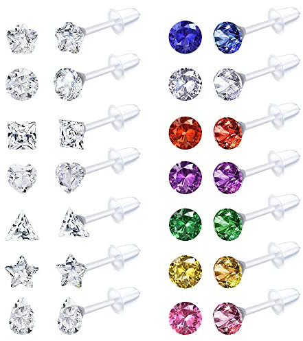 Adramata 14 Paar durchsichtige Kunststoff Ohrstecker für Frauen Multicolor Strass Acryl Ohrstecker durchsichtiger Piercing Halter für Sportarbeit,C