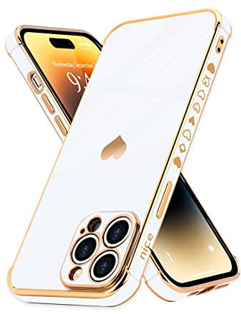 Urarssa for iPhone 14 Pro Max Case Cute Bling Plating Heart Design Cases Women Girls Shockproof Bumper Silicone Slim Protective Cover for iPhone 14 Pro Max, White