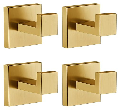 Towel Hooks for Bathrooms, Brushed Gold Towel Hook for Kitchen Bathroom, SUS304 Stainless Steel Coat Hook, Square Heavy Heavy Duty Robe Hooks for Hanging Towels,Coats,sponges,Wall Mount, 4 Pack