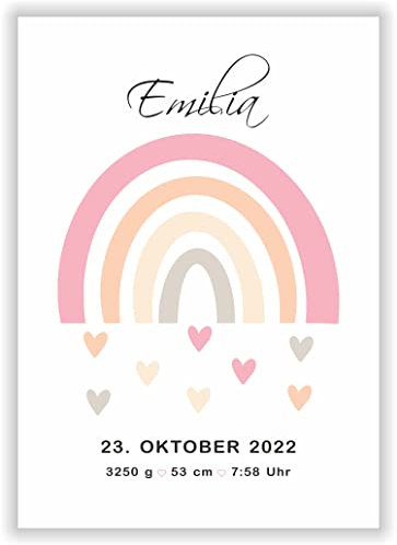 Regenbogen Geburtsbild personalisiertes Bild Kinderzimmer Pastell Mädchen tolles Geschenk zur Geburt Taufe für Kinder und Baby Babyzimmer Deko Bild