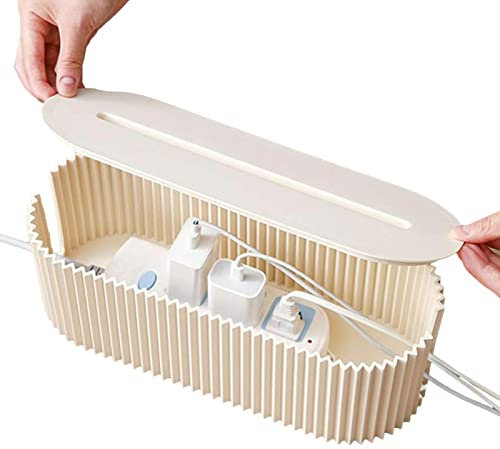GIMOCOOL Boîte de Rangement multiprise,Organisateur de Stockage pour multiprises, Cordons, parasurtenseurs avec Couvercle,Étui Organisateur de câbles pour Cacher Les Fils multiprises Cordons Beige
