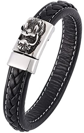 AMDXD Geschenk Für Männer Armbänder Leder Gravur, PU Leder Armband Jungs Drachen Herrenarmband Gravur Schwarz Handhandgelenk Kette Edelstahl mit Magnet Verschluss, Länge 16.5cm