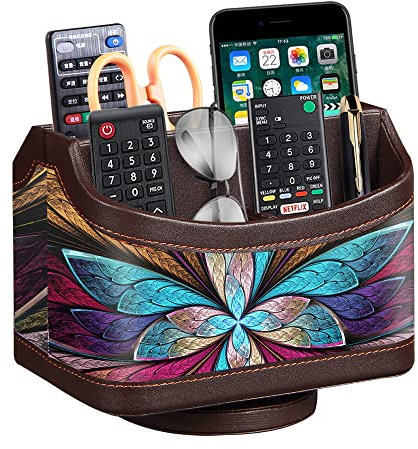 PUSU 360°Rotatable Remote Control Holder, PU Leather TV Remote Holder Caddy for Table, Bright and Colorful Art Supply Organizer Pen Holder, Multi-Functional Desk Organizer Living Room Office Decor