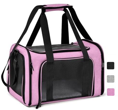 Lohofrnny Transporttasche Katze, Transporttasche für Katze Hund bis zu 8kg, Tragbar Faltbare Haustier Tragetaschen mit Schultergurt für Mittel Kleine Haustiere(Rosa, 50x34x34cm)