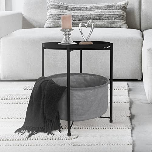 ML-Design Beistelltisch rund Ø45,5 x H 52,5 cm, Schwarz, aus Metall, Couchtisch mit Stoffkorb & Abnehmbarer Tablett, Sofatisch mit Stauraum, Modernes Design, Kleiner Tisch, Wohnzimmertisch Nachttisch