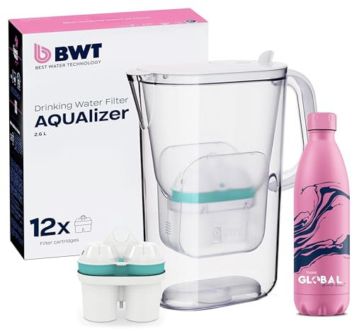 BWT Wasserfilter AQUAlizer 2,6L + 12 Zink Filterkartuschen und Climate Bottle | Wasserfilter Trinkwasser | Filtert Kalk, Chlor, Blei & Kupfer | Thermosflasche | Mit Zink & Magnesium