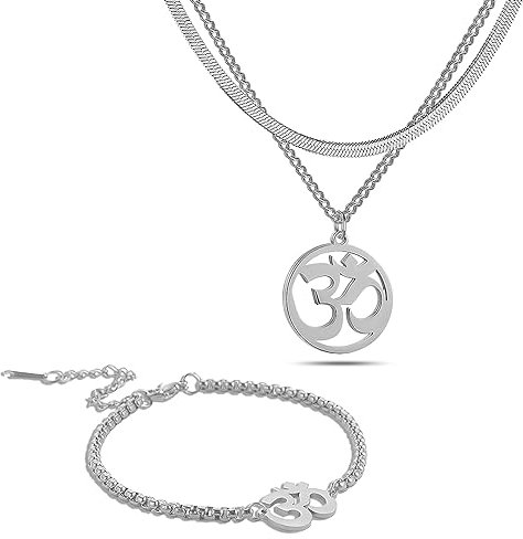 SIPURIS OM-Halsketten-Ring-Set, indisches Yoga, Aum, Om-Ohm-Ring-Anhänger, Edelstahl, Hindu-Meditationsanskrit-Symbol, Amulett, Schmuck für Herren, Edelstahl, Kein Edelstein