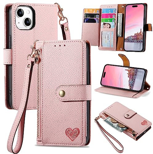 VEEMOS Zipper Wallet Case for Apple iPhone 14 Phone Case with Purse Card Holders RFID Blocking Leather Flip Case Book Cover Wrist Strap Women - Pink