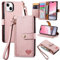 VEEMOS Zipper Wallet Case for Apple iPhone 14 Phone Case with Purse Card Holders RFID Blocking Leather Flip Case Book Cover Wrist Strap Women - Pink