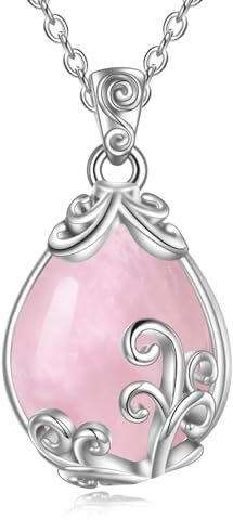 POPLYKE Rosenquarz Halskette Sterling Silber Rosenquarz Filigran Teardrop Anhänger Kette Rosa Edelstein Kristall Schmuck Geschenke für Frauen