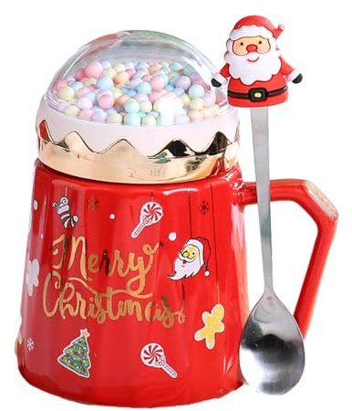Teksome Set de Regalo de Tazas navideñas | Tazas de café navideñas con Tapa | Taza Festiva con Forma de Globo de Nieve de Papá Noel, árbol de Navidad de 16oz, con Tapa de Globos de Nieve de Invierno