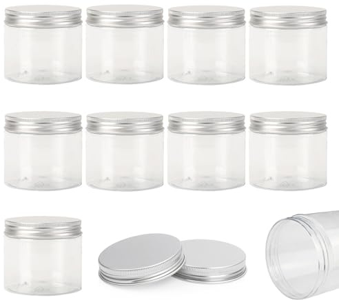 10 leere transparente PET-Flaschen mit Schraubverschluss aus Aluminium, 250 ml, Mini-Behälter, nachfüllbare Kunststoff-Box für ätherische Öle, Pulver, Creme, Salben, Make-up, Probe – 68 x 85 mm