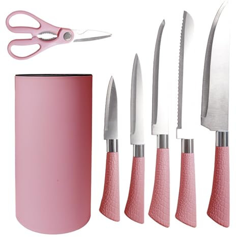 HRZZEOKV Juego de cuchillos de cocina de 7 piezas, juego de cuchillos profesionales de acero inoxidable, barril de cuchillo redondo vertical, cuchillas afiladas fáciles de limpiar,Rosado