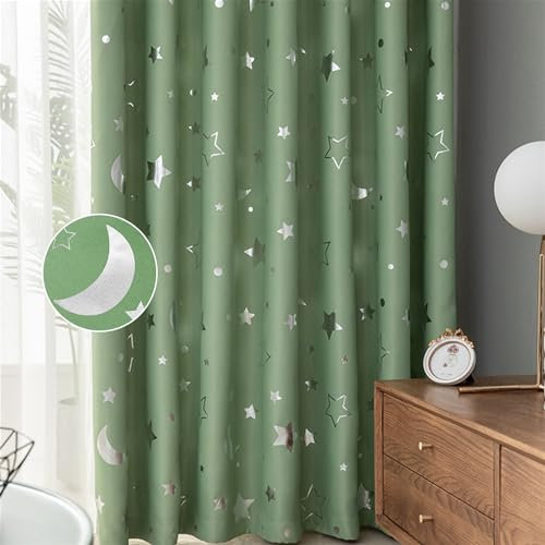 Freyamy Vorhang Blickdicht Grün Mond Sternenvorhänge 2 Stück,220x140cm (HxB) Niedliche Vorhänge mit Ösen Lichtundurchlässig thermovorhang kälteschutz Gardinen Lärmschutz für Kindervorhänge