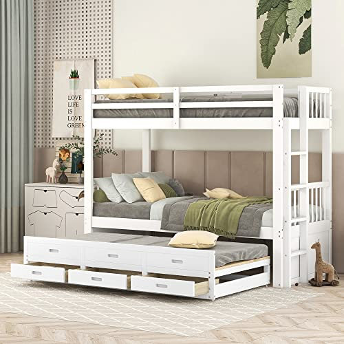 Merax Etagenbett Kinderbett Hausbett Umwandelbar in Einzelbett + Ausziehbett für Kinder - Platzsparendes Design mit ausziehbarem Bett und Stauraumfür DREI Personen 90x200cm weiß (ohne Matratze)