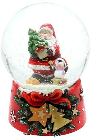 Schneekugel Santa mit Pinguin auf weihnachtlichen Sockel mit Spielwerk, Melodie Feliz Navidad, L/B/H/Ø Kugel 10 x 10 x 15 cm Ø 10 cm.