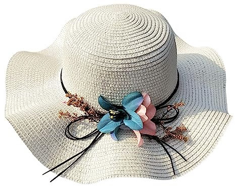 Chapeau de soleil taille 49 pour femme - Chapeau de paille à fleurs - Grand avant-toit - Protection solaire - Chapeau de plage - Chapeau de soleil surf, Blanc., taille unique