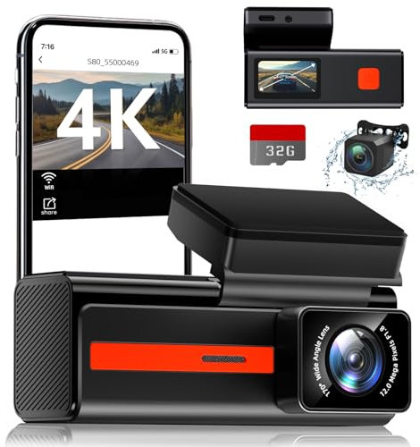 4K Dash Cam Front and Rear, Ultra HD Dual Dash Camera for Car with Free 32GB SD Card Built-in WiFi, 170°Wide Angle, 24/7 Parking Mode, G-Sensor, Night Vision, WDR, Loop Recording,App Control,Max 256GB