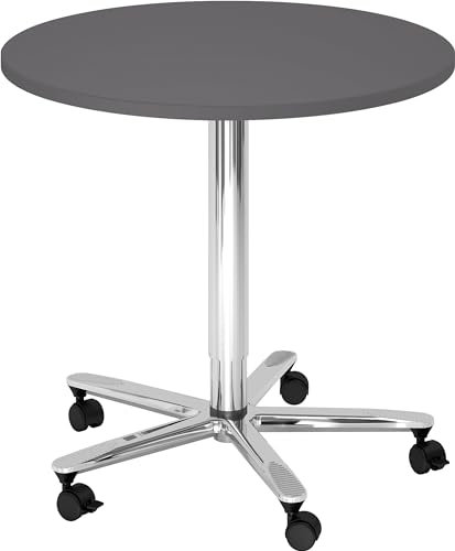 bümö Säulenhubtisch höhenverstellbar, Stehtisch Büro, Bistrotisch rund 80 x 80 cm - Besprechungstisch Graphit, Stehtisch Holz-Platte, Säule aus Metall verchromt, Säulentisch, Hochtisch