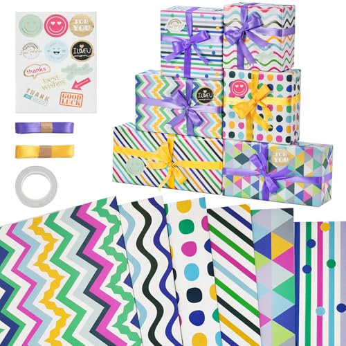 Zindoo Geschenkpapier Muttertag, 6 Blatt 50x70cm Geometrische Muster Geschenkpapier, Tolle Motive Designs mit Aufkleber, Gelb und Lila Bänder Perfekt für Geburtstag, Hochzeit, Weihnachten