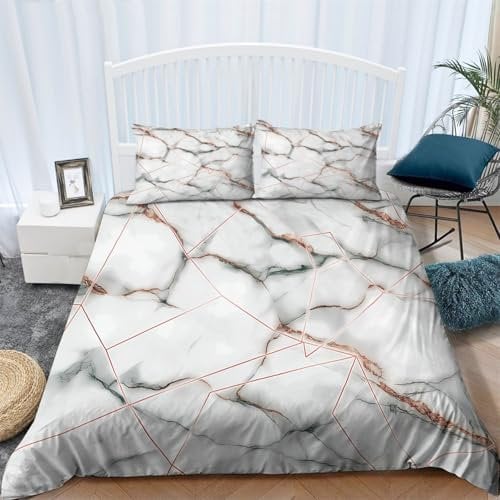 Single Size Printed Bedding Set with 2 Pillowcases Rose Gold Marble Patterned Printed winter warm duvet cover White Soft Microfiber Quilt Cover 53 x 79 (135 x 200 cm) with Zipper Closure