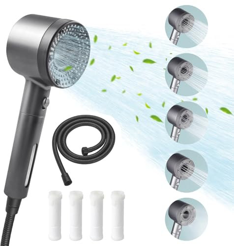 JAONLD Alcachofa de Ducha 5 Modos de Pulverización Alcachofa Ducha Con 4 Filtros y Manguera de 1,5m Filtro Ducha Botón parada con un Clic para Eliminar Agua Dura, Cloro Residual (Negro)