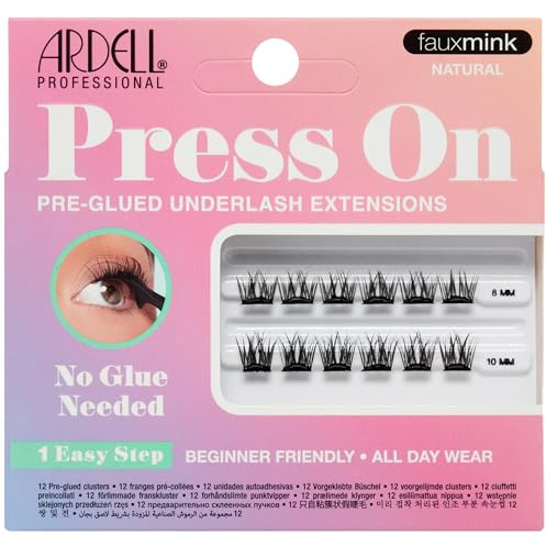 Ardell Press On Lashes Fauxmink Natural - Extension per ciglia, pre-incollate, ciuffi di ciglia, senza colla, 12 ct