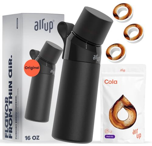 AIR UP Black Steel 16oz Flavored Water Bottle with Straw - Sugar Free Cola Pods - Drink Healthy Water - Keeps Drinks Cold for 14 Hours - School, Office, Gym, Travel