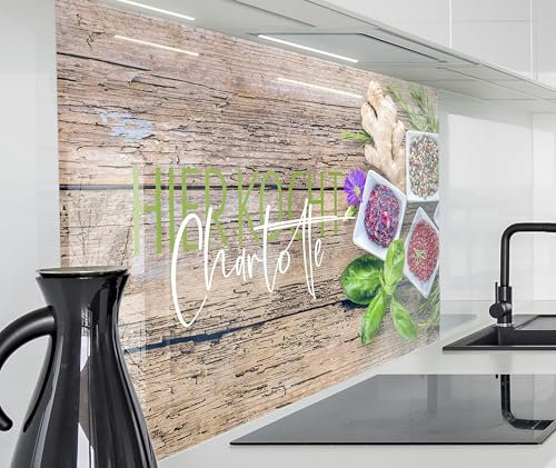 timalo Herd Spritzschutz Wand Spüle, Küche Küchenrückwand Glasoptik | Acryl Glas 2mm | Glasrückwand Acrylglas - personalisiert mit Namen - Rückwandschutz Platte | 140x50cm Gewürze, Holz