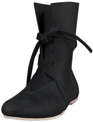 Botas para mujer y hombre primavera y/invierno con tacón plano suela gruesa cordones juego de rol medieval punta redonda cordones zapatos al aire libre mujer impermeable 40, Z0a Black, 45 EU