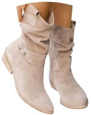 Minetom Donna Stivali in Camoscio con Tacco Grosso A Punta retrò Cowboy Western Scarpe con Cerniera Laterale A Beige 37 EU