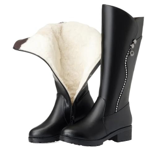 WJIAYAO Stivali Donna Invernali Stivali da neve in vera pelle da donna, con plateau, in lana, peluche, pelliccia, caldi, invernali, con tacco medio e cerniera, taglie forti(Wool plush,40)