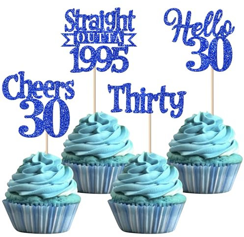 24 Stück 30th Geburtstag Cupcake Toppers Glitzer Straight Outta 1995 Kuchen Deko Hello 30 Thirty Tortendeko für Prost auf 30 Jahre Geburtstag Hochzeit Jahrestag Party Kuchen Dekoration Blau