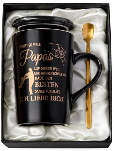Doublewhale Papa Geschenk, Vatertagsgeschenk für Papa, Geschenke zum Geburtstag Vatertag, Vatertagsgeschenke Tasse, 14 Oz Papi Kaffeetasse mit Goldener Druckgrafik, Deckel, Löffel, Edle Geschenkset