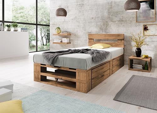 Lermowood Palettenbett M2 aus Holz 90 x 200 cm Eiche mit Kopfteil und 2 Bettkästen Holzbett 30cm Stabiles Seniorenbett Kinderbett Jugendbett Gästebett erhöhtes Bettgestell Futonbett Komforthöhe