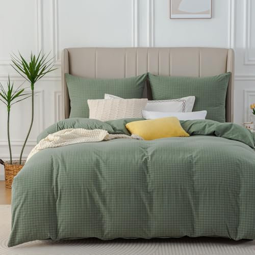 Nesture Bettwäsche 135x200 Baumwolle Kariert Grün - Bettwäsche-Sets 2teilig Weich, 100% Gewaschene Baumwoll, Enthält 1 Bettbezug 135 x 200cm und 1 Kissenbezug 80x80 mit Reißverschluss
