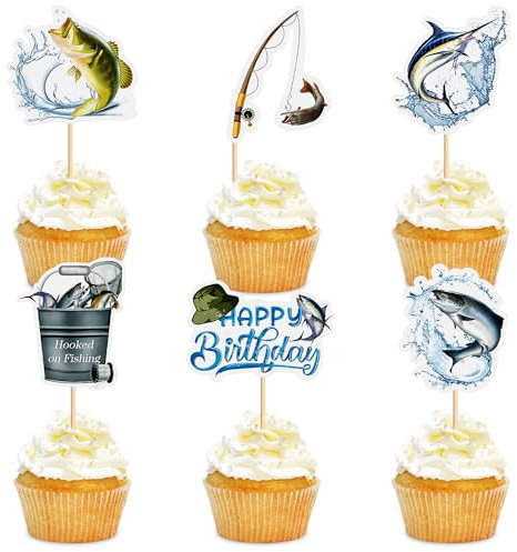 Cyodoos 36pcs Fishing Cupcake Toppers Go Fishing Theme Decorations Baby Shower Boys Girls Happy Birthday Party Tropical Party Cake Picks Under The Sea Decoration Supplies