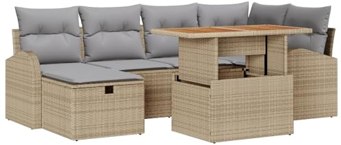 vidaXL Garten-Sofa-Set 7 pcs Beige Poly-Rattan, Garten und Terrasse, modernes Sofaset, langlebige Möbel, rechteckige Entspannungszone, Lounge Gruppe