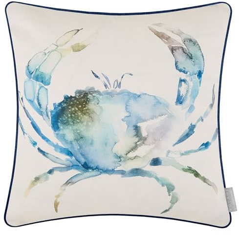 Voyage Maison Crab Feather Filled Cushion – Watercolour Coastal Cotton Piped Trim Linen Touch Décor (Cobalt - 43x43cm)
