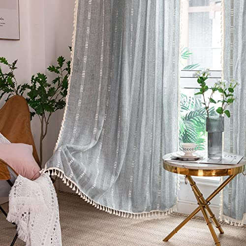Freyamy Vorhänge Durchscheinend Bohemian Durchbrochene Bestickte Grau Quasten Vorhang Baumwolle Leinen Gardinen Boho Vintage Schiebevorhänge Blickdich Fensterdekoration 2er Set (B140xH160)