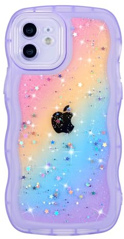 ZTOFERA Glitzer Wellen Hülle für iPhone 12 (6.1), Regenbogen Violett | Niedliche Wellenrahmen Handyhülle, Funkelnd Sterne Muster, Durchsichtige Weiche TPU, für Frauen Mädchen, Stoßfest Schutzhülle