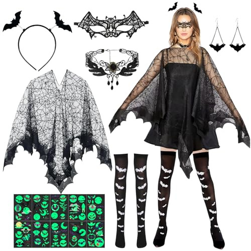7 Pièces Déguisement Chauve Souris Femme, Deguisement Halloween Femme, Costume Chauve Souris Femmes avec Boucles D'oreilles Collier Voile en Dentelle,Costume D'araignée pour Halloween Carnaval Cosplay