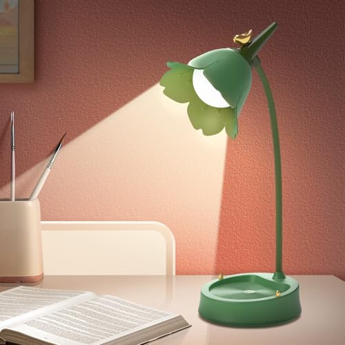 Lampada da tavolo a LED a forma di fiore, senza fili, lampada da tavolo per bambini, 3 modalità di colore, dimmerabile, con controllo touch, USB, paralume senza fili per lettura, apprendimento, verde
