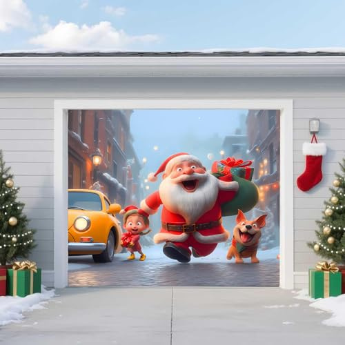 6,5 x 5 pies, 2 x 1,5 m, lona de Navidad para puerta de garaje – Papá Noel, niña y un adorable perro caminan por la calle con regalos de Navidad – Gran mural festivo