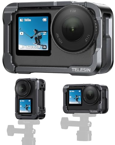 TELESIN Kamerakäfig für DJI Osmo Action 6, Aluminium mit Schnellverschluss | Metall-Schutzgehäuse, Cold-Shoe & 1/4″ Gewinde, für Stativ, Selfie-Stick und weiteres Kamera-Zubehör