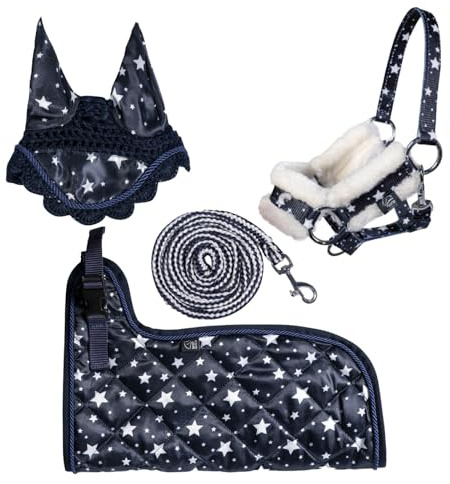 Brama West Hobby Horsing Komplettset – Halfter, Strick, Decke & Fliegenhaube für Steckenpferd - inkl. Überraschungs-Stirnband (Stern)