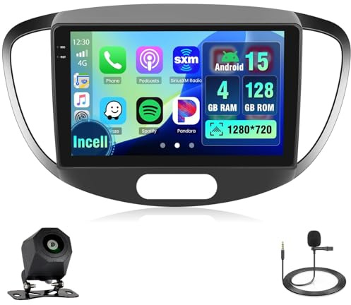 Hikity 4+128G 9 Android Autoradio für Hyundai I10 2007-2013 | Incell Touchscreen Wireless Carplay Autoradio 2 DIN GPS Navi Bluetooth 5.0 WiFi FM/RDS Rückfahrkamera EQ 4+128G
